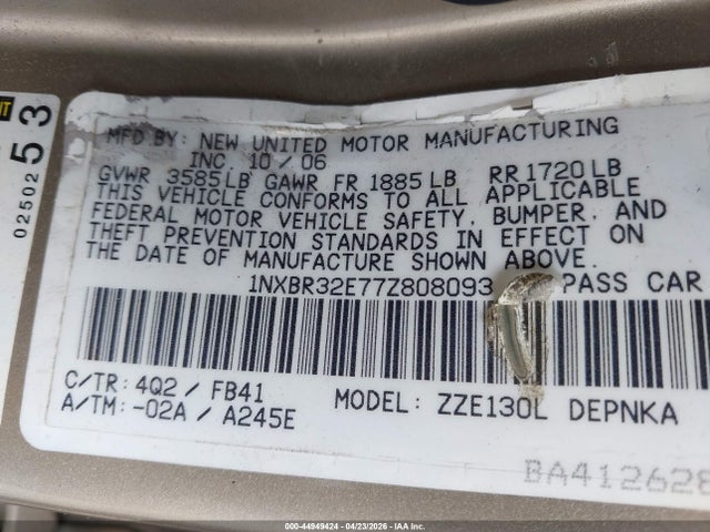 44949424 :رقم المزاد ، 1NXBR32E77Z808093 vin ، 2007 Toyota Corolla Le مزاد بيع
