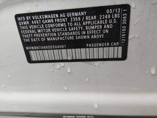 44949428 :رقم المزاد ، WVWBN7AN8DE504091 vin ، 2013 Volkswagen Cc 2.0t Sport مزاد بيع