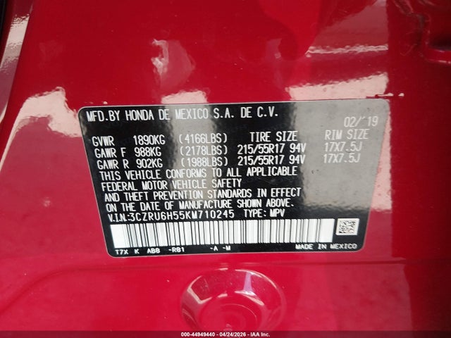 3CZRU6H55KM710245 Honda HR-V EX