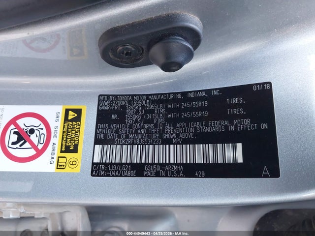 2018 Toyota Highlander Se მანქანა იყიდება აუქციონზე, vin: 5TDKZRFH8JS534233, აუქციონის ნომერი: 44949443