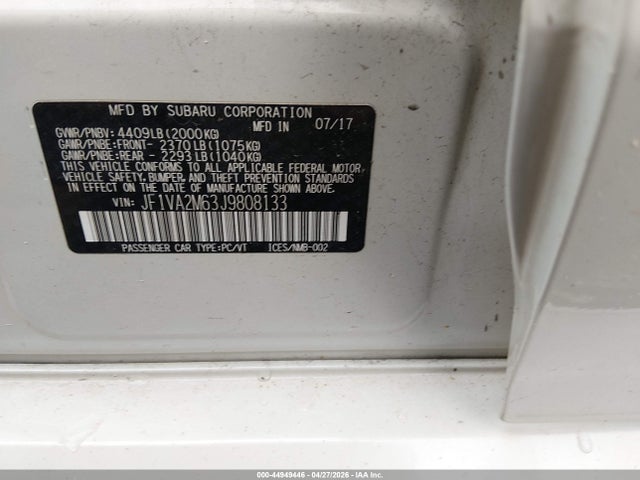 Продаж на аукціоні авто 2018 Subaru Wrx Sti, vin: JF1VA2M63J9808133, номер лоту: 44949446