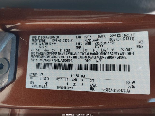 44949452 :رقم المزاد ، 1FMCU0F77HUA50593 vin ، 2017 Ford Escape S مزاد بيع