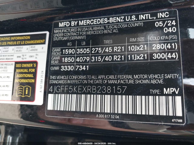Продаж на аукціоні авто 2024 Mercedes-benz Gls 450 4matic, vin: 4JGFF5KEXRB238157, номер лоту: 44949459