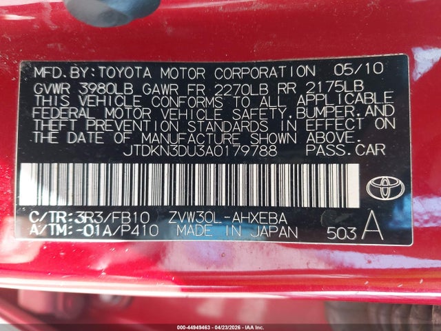 Продаж на аукціоні авто 2010 Toyota Prius Ii, vin: JTDKN3DU3A0179788, номер лоту: 44949463