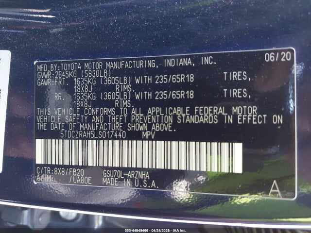 5TDCZRAH5LS017440 Toyota Highlander L
