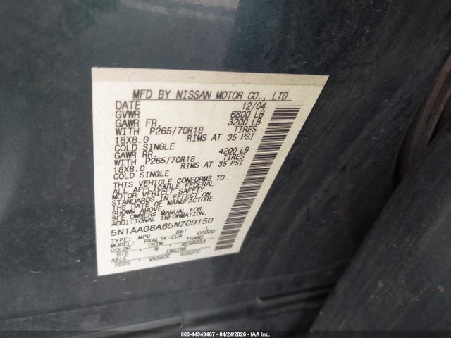 44949467 :رقم المزاد ، 5N1AA08A65N709150 vin ، 2005 Nissan Armada Se مزاد بيع