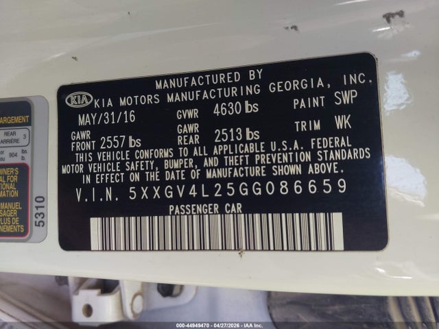 44949470 :رقم المزاد ، 5XXGV4L25GG086659 vin ، 2016 Kia Optima Sxl Turbo مزاد بيع