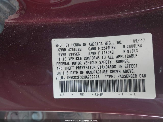 Продажа на аукционе авто 2017 Honda Accord Lx, vin: 1HGCR2F32HA297778, номер лота: 44949477