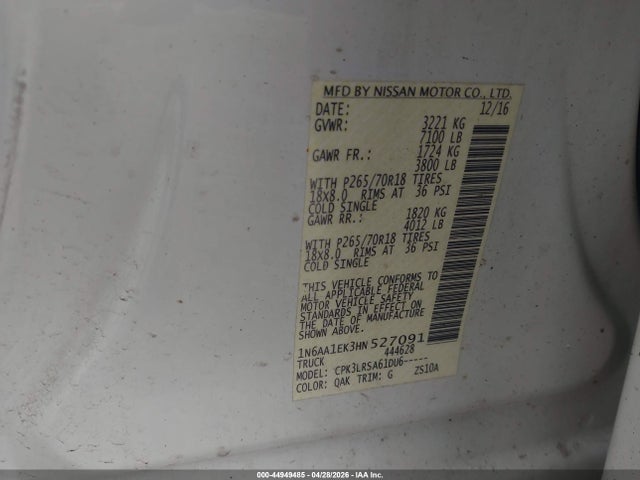 2017 Nissan Titan S მანქანა იყიდება აუქციონზე, vin: 1N6AA1EK3HN527091, აუქციონის ნომერი: 44949485