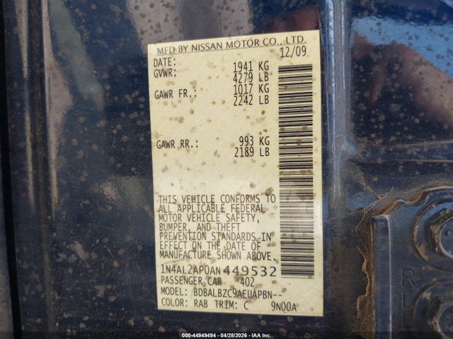 Продаж на аукціоні авто 2010 Nissan Altima 2.5 S, vin: 1N4AL2AP0AN449532, номер лоту: 44949494