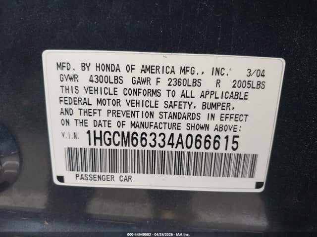 Aukcja sprzedaży 2004 Honda Accord 3.0 Lx, vin: 1HGCM66334A066615, numer aukcji: 44949502