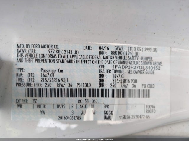 Продажа на аукционе авто 2016 Ford Focus Se, vin: 1FADP3F27GL310152, номер лота: 44949518
