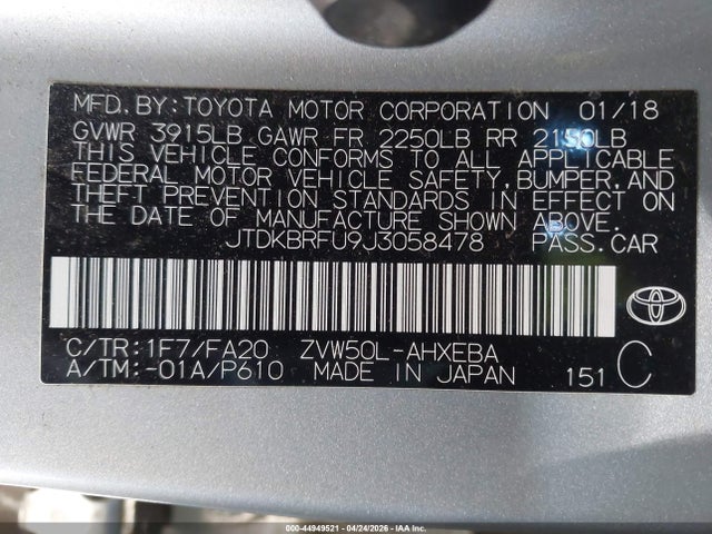 2018 Toyota Prius Two მანქანა იყიდება აუქციონზე, vin: JTDKBRFU9J3058478, აუქციონის ნომერი: 44949521