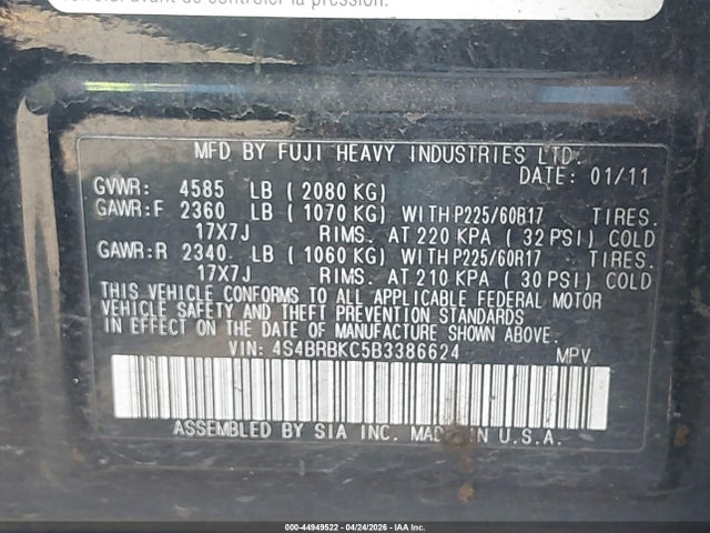 Продажа на аукционе авто 2011 Subaru Outback 2.5i Limited, vin: 4S4BRBKC5B3386624, номер лота: 44949522