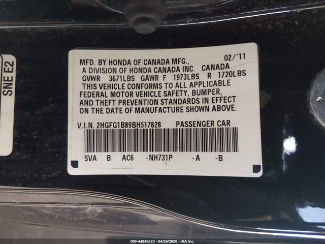 2011 Honda Civic Ex მანქანა იყიდება აუქციონზე, vin: 2HGFG1B89BH517828, აუქციონის ნომერი: 44949523