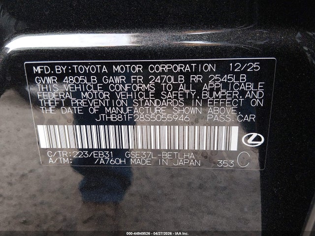 Aukcja sprzedaży 2025 Lexus Is 300 F Sport Design, vin: JTHB81F28S5055946, numer aukcji: 44949526