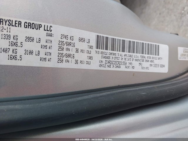 Aukcja sprzedaży 2012 Dodge Grand Caravan Sxt, vin: 2C4RDGCG5CR231550, numer aukcji: 44949528