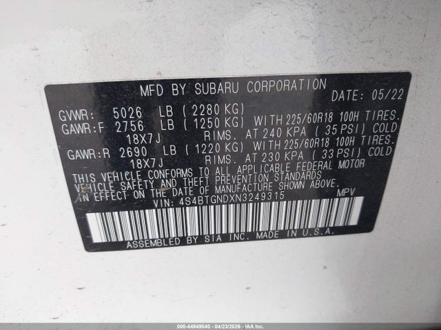 Продажа на аукционе авто 2022 Subaru Outback Limited Xt, vin: 4S4BTGNDXN3249315, номер лота: 44949540