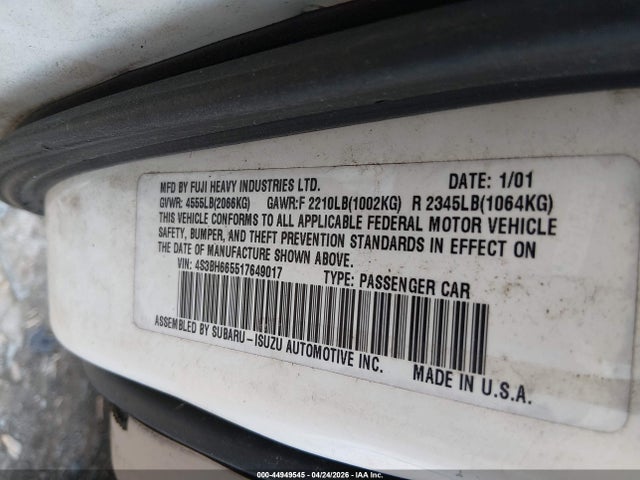 2001 Subaru Outback მანქანა იყიდება აუქციონზე, vin: 4S3BH665517649017, აუქციონის ნომერი: 44949545
