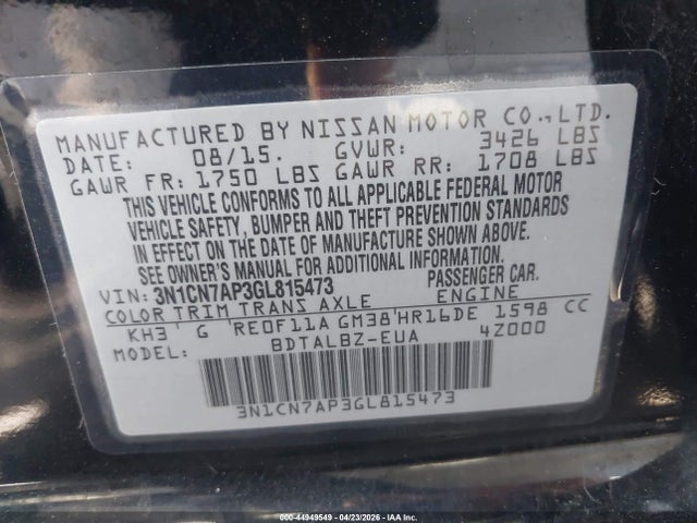 3N1CN7AP3GL815473 Nissan Versa 1.6 S/1.6 S+/1.6 Sl/1.6 Sv