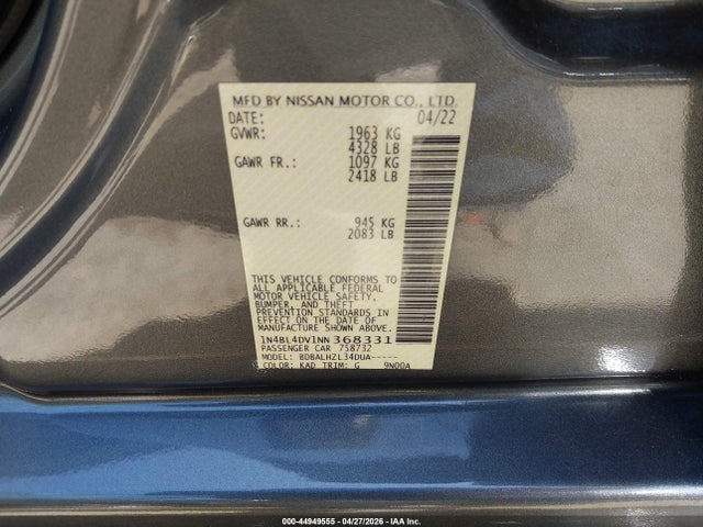 Продаж на аукціоні авто 2022 Nissan Altima Sv Fwd, vin: 1N4BL4DV1NN368331, номер лоту: 44949555
