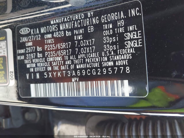 44949559 :رقم المزاد ، 5XYKT3A69CG295778 vin ، 2012 Kia Sorento Lx مزاد بيع