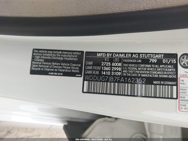 Aukcja sprzedaży 2015 Mercedes-benz S 63 Amg 4matic, vin: WDDUG7JB7FA162352, numer aukcji: 44949609