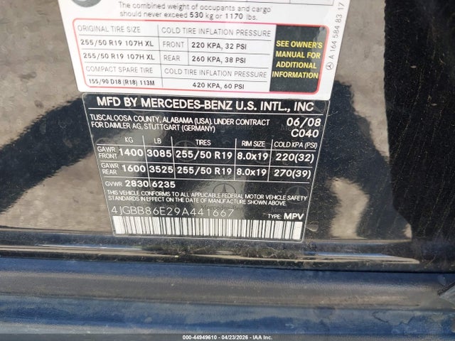 44949610 :رقم المزاد ، 4JGBB86E29A441667 vin ، 2009 Mercedes-benz Ml 350 4matic مزاد بيع