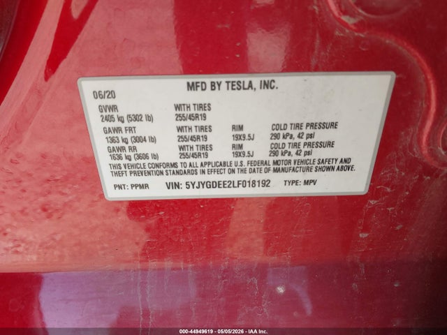 2020 Tesla Model Y Long Range Dual Motor All-wheel Drive მანქანა იყიდება აუქციონზე, vin: 5YJYGDEE2LF018192, აუქციონის ნომერი: 44949619