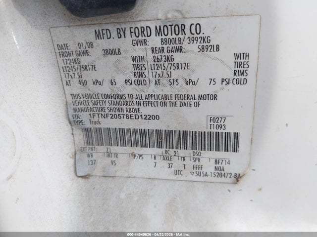 44949626 :رقم المزاد ، 1FTNF20578ED12200 vin ، 2008 Ford F-250 Xl/xlt مزاد بيع