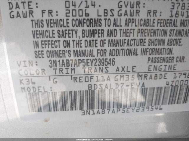 3N1AB7AP5EY239546 Nissan Sentra Fe+ S/fe+ Sv/s/sl/sr/sv