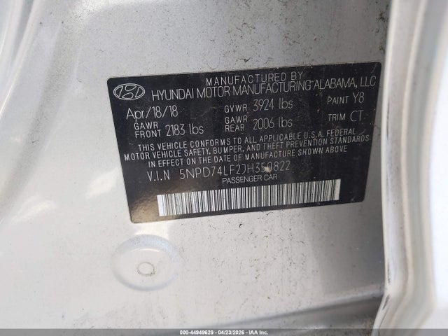 2018 Hyundai Elantra Se მანქანა იყიდება აუქციონზე, vin: 5NPD74LF2JH350822, აუქციონის ნომერი: 44949629