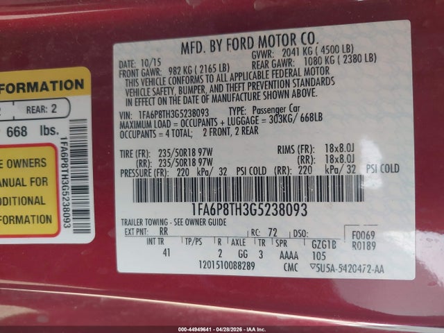 Aukcja sprzedaży 2016 Ford Mustang Ecoboost, vin: 1FA6P8TH3G5238093, numer aukcji: 44949641