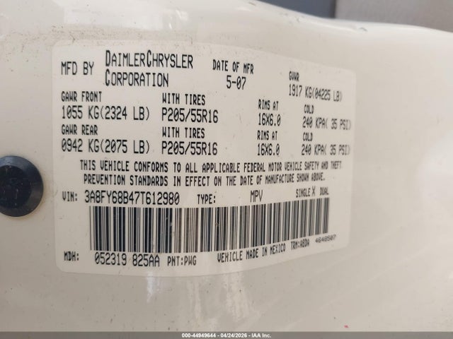 Aukcja sprzedaży 2007 Chrysler Pt Cruiser Limited, vin: 3A8FY68B47T612980, numer aukcji: 44949644