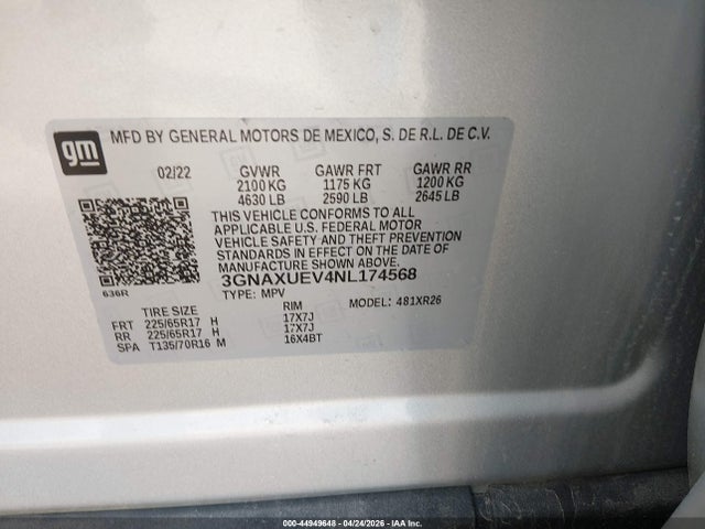 Продаж на аукціоні авто 2022 Chevrolet Equinox Awd Lt, vin: 3GNAXUEV4NL174568, номер лоту: 44949648