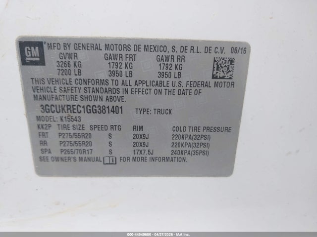 2016 Chevrolet Silverado 1500 1lt მანქანა იყიდება აუქციონზე, vin: 3GCUKREC1GG381401, აუქციონის ნომერი: 44949650