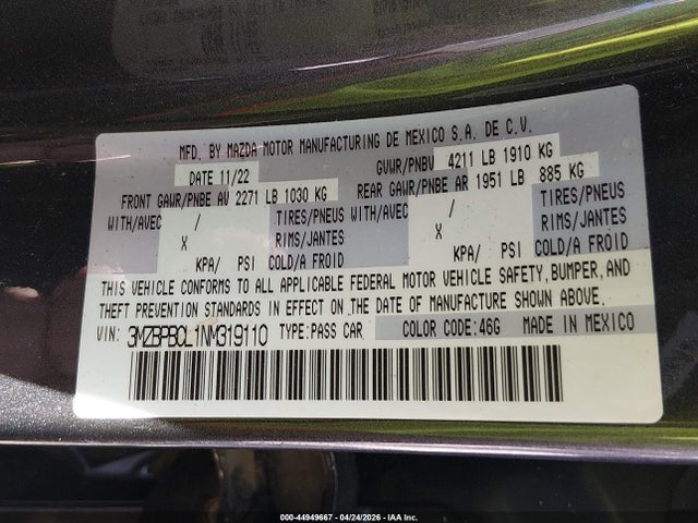 Продажа на аукционе авто 2022 Mazda Mazda3 Preferred, vin: 3MZBPBCL1NM319110, номер лота: 44949667