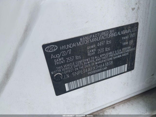 Aukcja sprzedaży 2018 Hyundai Sonata Sel, vin: 5NPE34AFXJH643838, numer aukcji: 44949677