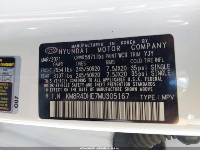 44949693 :رقم المزاد ، KM8R4DHE7MU305167 vin ، 2021 Hyundai Palisade Sel مزاد بيع