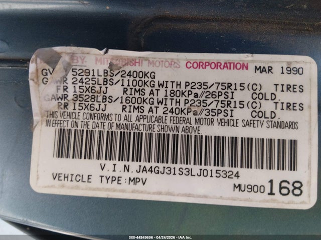 Aukcja sprzedaży 1990 Mitsubishi Montero, vin: JA4GJ31S3LJ015324, numer aukcji: 44949696