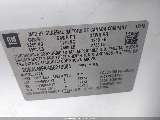 Aukcja sprzedaży 2016 Gmc Terrain Sle-1, vin: 2GKALMEK4G6213004, numer aukcji: 44949699