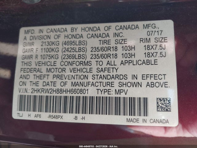 2017 Honda Cr-v Ex-l/ex-l Navi მანქანა იყიდება აუქციონზე, vin: 2HKRW2H88HH660801, აუქციონის ნომერი: 44949703