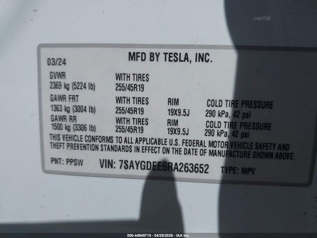 Aukcja sprzedaży 2024 Tesla Model Y Long Range Dual Motor All-wheel Drive, vin: 7SAYGDEE6RA263652, numer aukcji: 44949715