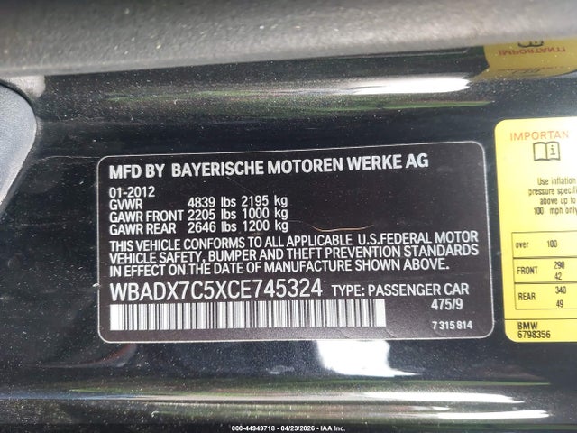 Aukcja sprzedaży 2012 Bmw 335i, vin: WBADX7C5XCE745324, numer aukcji: 44949718