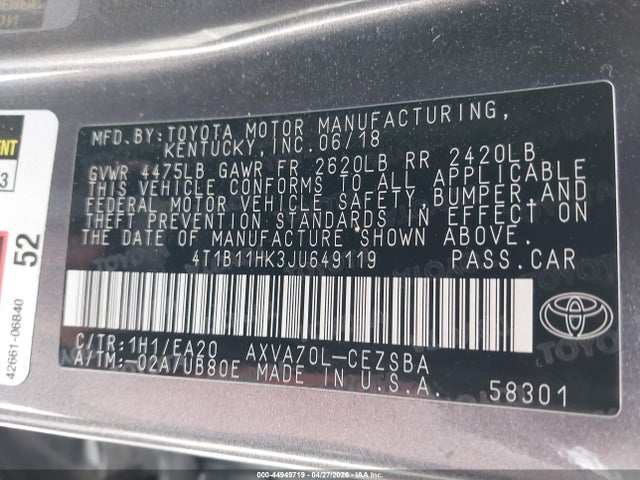 4T1B11HK3JU649119 Toyota CAMRY SE