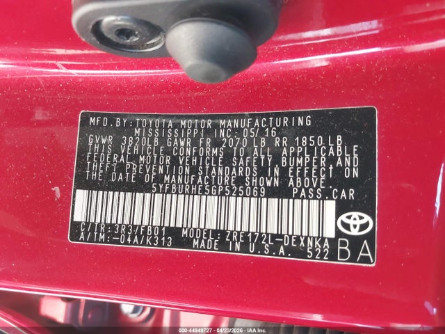 Aukcja sprzedaży 2016 Toyota Corolla Le Plus, vin: 5YFBURHE5GP525069, numer aukcji: 44949727