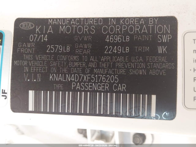Auction sale of the 2015 Kia Cadenza Premium, vin: KNALN4D7XF5176205, lot number: 44949729