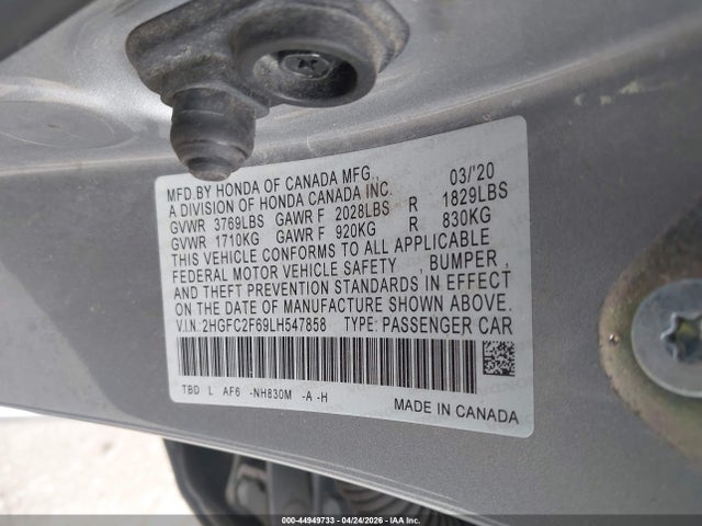 Aukcja sprzedaży 2020 Honda Civic Lx, vin: 2HGFC2F69LH547858, numer aukcji: 44949733