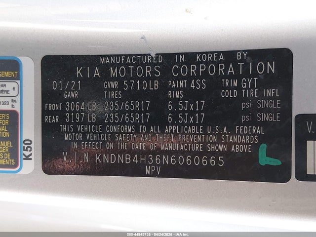 KNDNB4H36N6060665 KIA Carnival Mpv Lx Seat Package