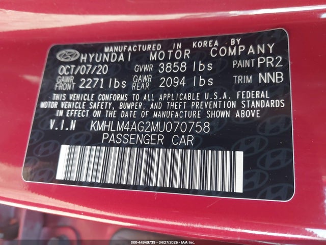 44949739 :رقم المزاد ، KMHLM4AG2MU070758 vin ، 2021 Hyundai Elantra Sel مزاد بيع